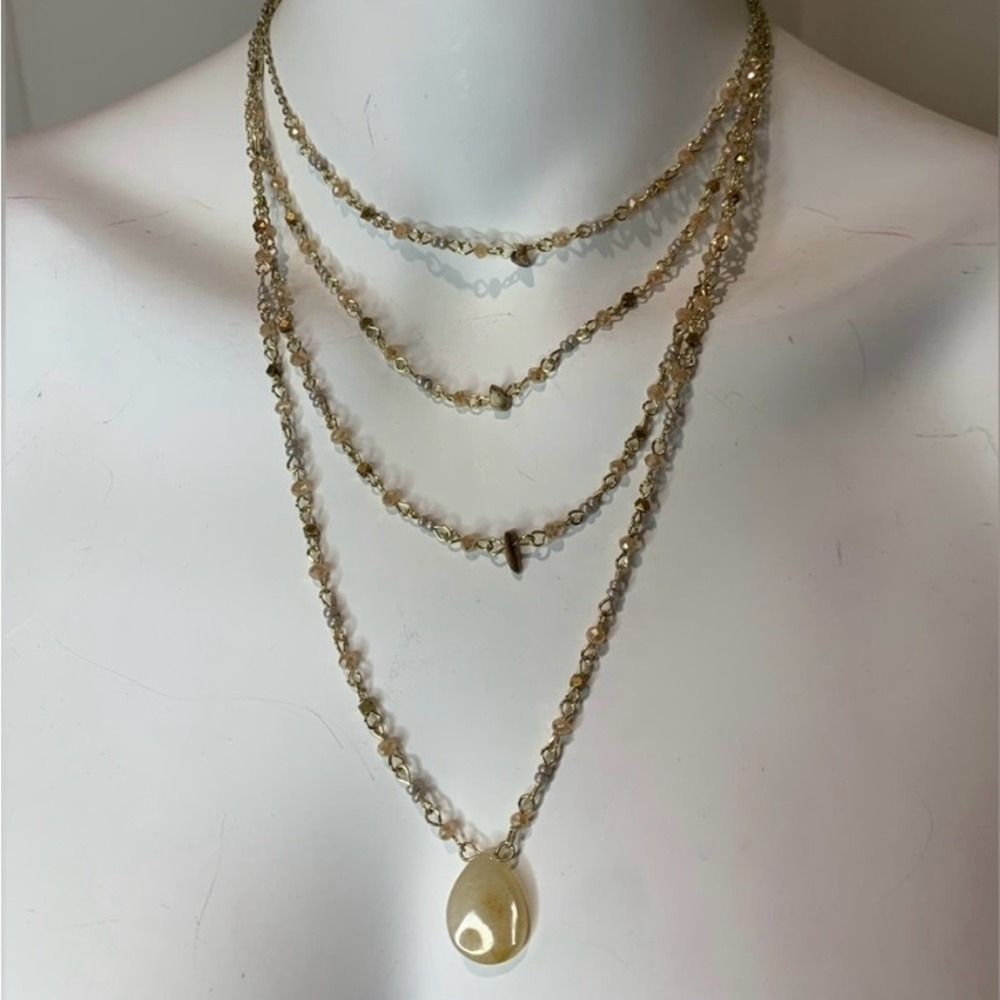 Gold Triple Chain Necklace With Brown‎ Stone 19" Long